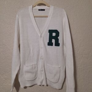 SHEIN White Cardigan with Green Letter "R" Patch